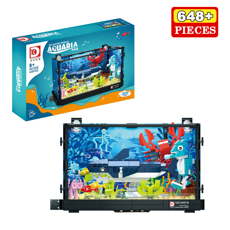Aquarium Fish Lego - 648ピース サメ生態系タンク 組み立てブロック 海洋水族館モデル 多様な魚類 サンゴ礁