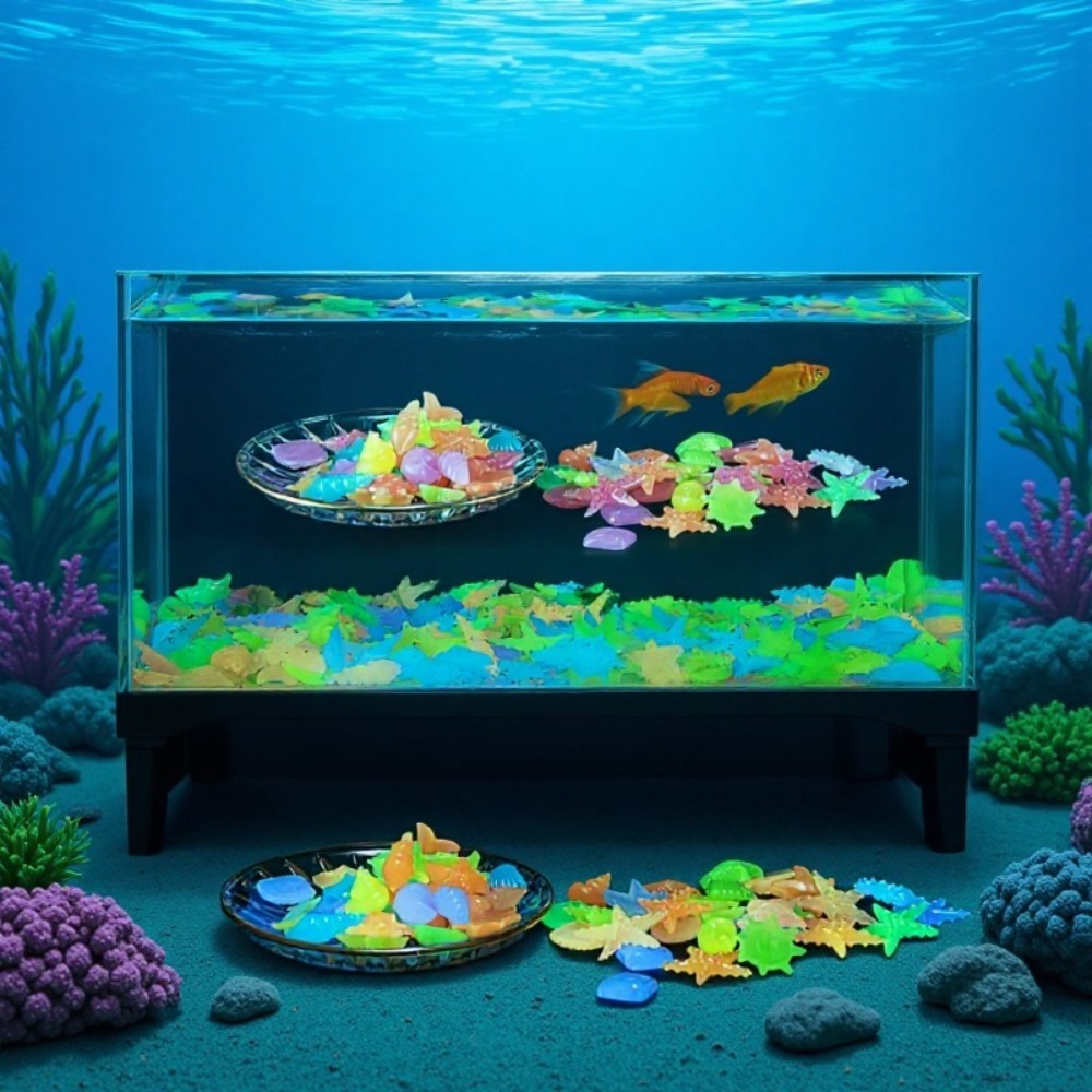 Aquarium Fish Guppy - 光る発光海洋石、蛍光貝殻、カラフルなヒトデ、水槽の景観装飾用、暗闇で光る