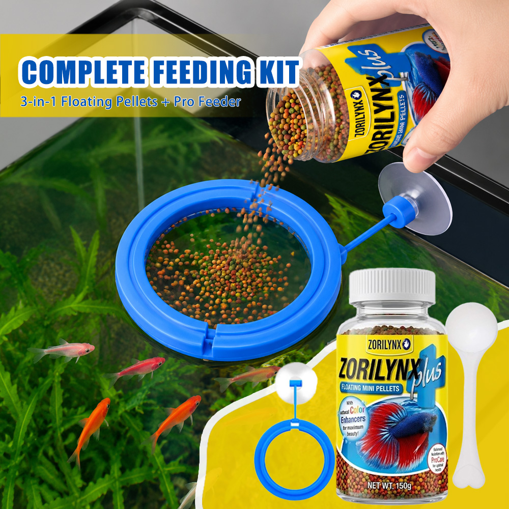 Aquarium Fish Vitamin - ベタ金魚熱帯魚用の浮遊給餌リングキット付き魚用ペレット栄養色増強剤セット ZORILYNX Plus